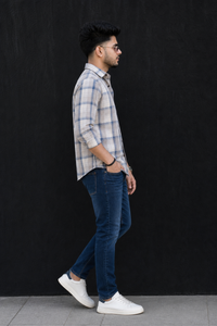 Grey & Blue Plaid Shirt for Men – Casual Long Sleeve Shirt PRA-596