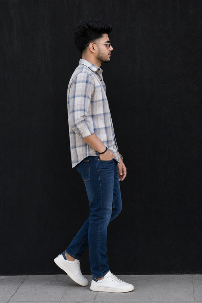 Grey & Blue Plaid Shirt for Men – Casual Long Sleeve Shirt