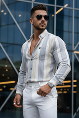 Men Grey Striped Shirt Outfit – Modern Street Style Look 261049715