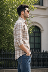 Men Brown & White Checkered Casual Shirt
