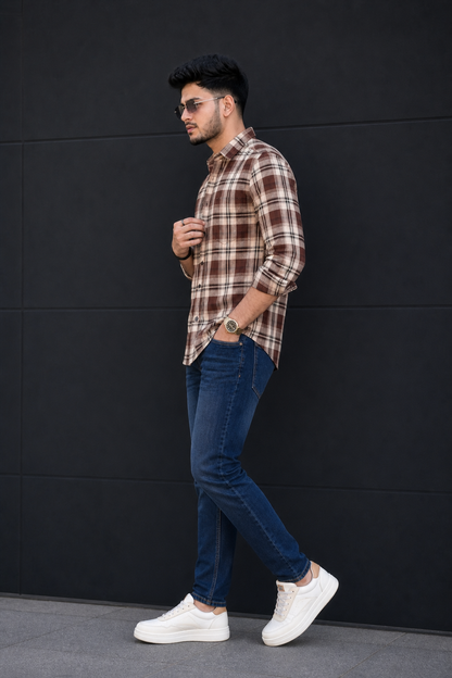 Men Casual Coffee Plaid Shirt – Classic Long Sleeve Check Shirt