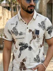 Men Designer White Polo T-Shirt with Abstract Print – Casual Style