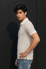 Men White Geometric Print Polo T-Shirt