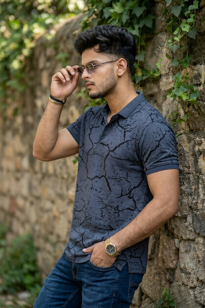 Trendy Navy Blue Printed Polo T-Shirt for Men | Modern Casual Style ATL4924