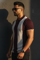 Men Casual Wine Striped Knit Polo T-Shirt- Effortless Everyday Style 261040637