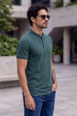 Men Solid Green Mandarin Collar Polo T-Shirt - Premium Sinker Slim Fit 13058