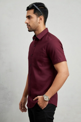 Men Casual Maroon Short Sleeve Shirt - Cotton Comfort 261049774