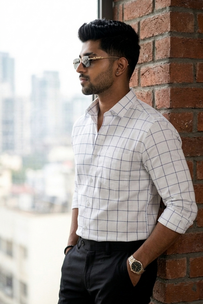 White & Blue Pattern Men's Semi-Formal Shirt - Stylish Casual & Office Wear-FRMCHECKS