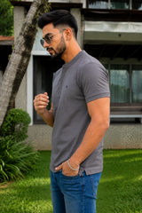 Men Solid Dark Grey Mandarin Collar Polo T-Shirt - Premium Sinker Slim Fit 13058
