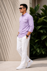 Men Plain Cotton Lavender Full Sleeve Shirt | Casual Button Down Shirt with Pockets
