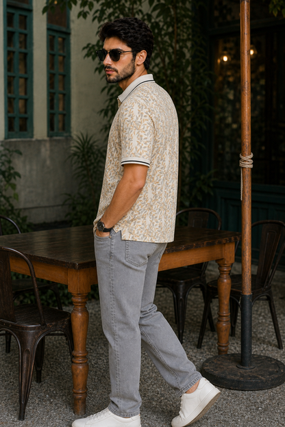 Men White Leaf Print Polo T-Shirt | ATL4620