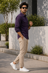 Men Plain Cotton Purple Full Sleeve Shirt | Casual Button Down Shirt with Pockets