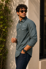 Men Plain Cotton Dark Pista Full Sleeve Shirt | Casual Button Down Shirt with Pockets