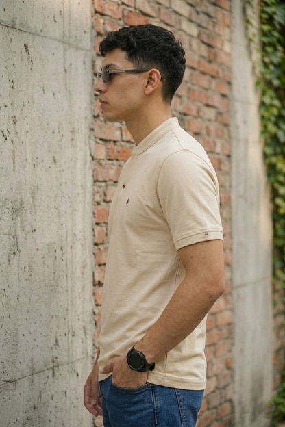 Men Solid Cream Mandarin Collar Polo T-Shirt - Premium Sinker Slim Fit 13058