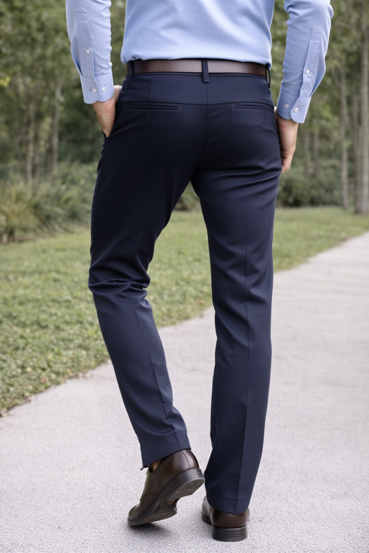 Men Slim Fit Navy Blue Textured Structure - Premium Cotton Trousers 5126