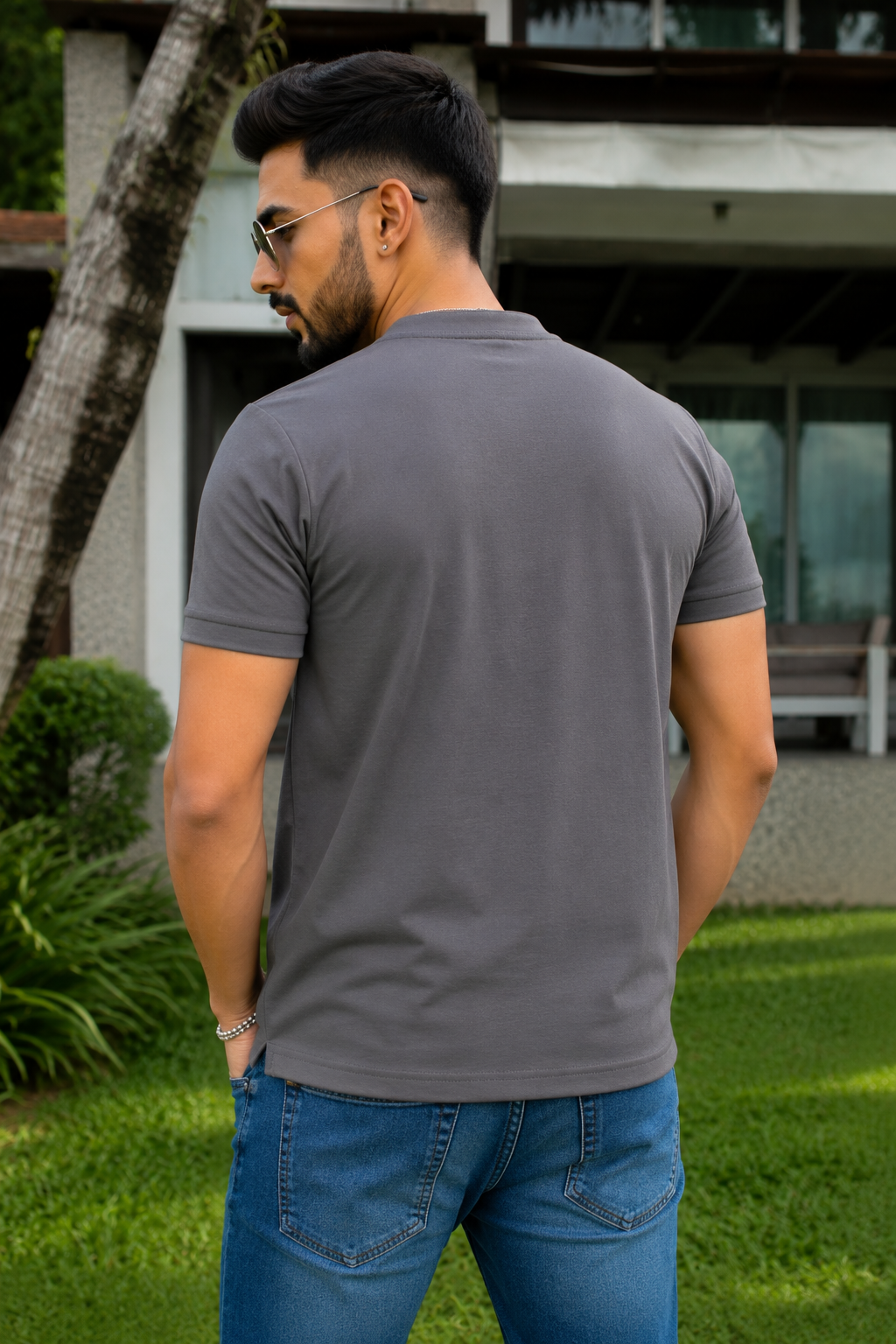 Men Solid Dark Grey Mandarin Collar Polo T-Shirt - Premium Sinker Slim Fit 13058