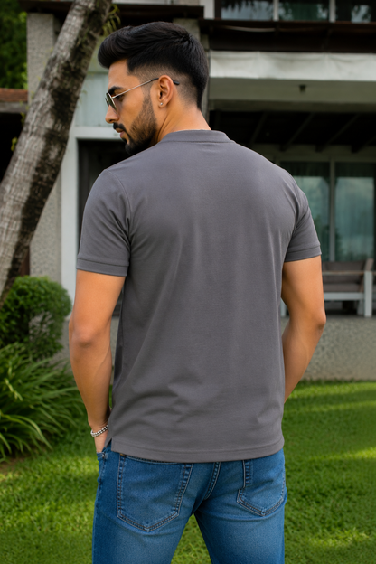 Men Solid Dark Grey Mandarin Collar Polo T-Shirt - Premium Sinker Slim Fit 13058