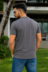 Men Solid Dark Grey Mandarin Collar Polo T-Shirt - Premium Sinker Slim Fit 13058