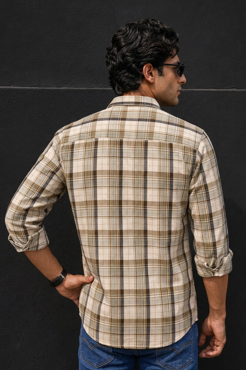 Men Olive & Cream Checked Full Sleeve Casual Shirt
