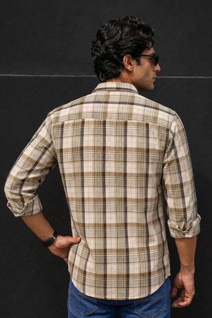 Men Olive & Cream Checked Full Sleeve Casual Shirt