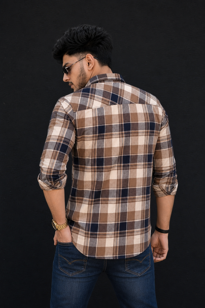 Men Brown Beige Plaid Shirt – Full Sleeve Casual Wear