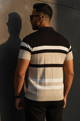 Men’s Slim-Fit Knitted Polo T-Shirt - Black & Beige Striped 261040689