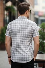 Men Beige Checkered Short Sleeve Casual Shirt 251207790