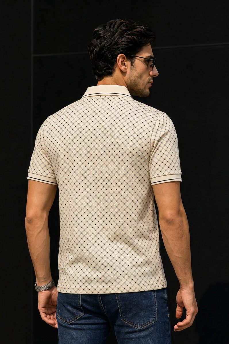 Men Cream Geometric Print Polo T-Shirt | ATL6140
