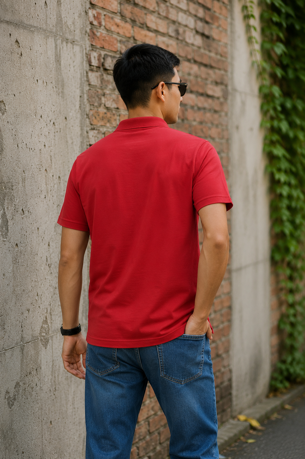 Men Solid Red Mandarin Collar Polo T-Shirt - Premium Sinker Slim Fit 13058