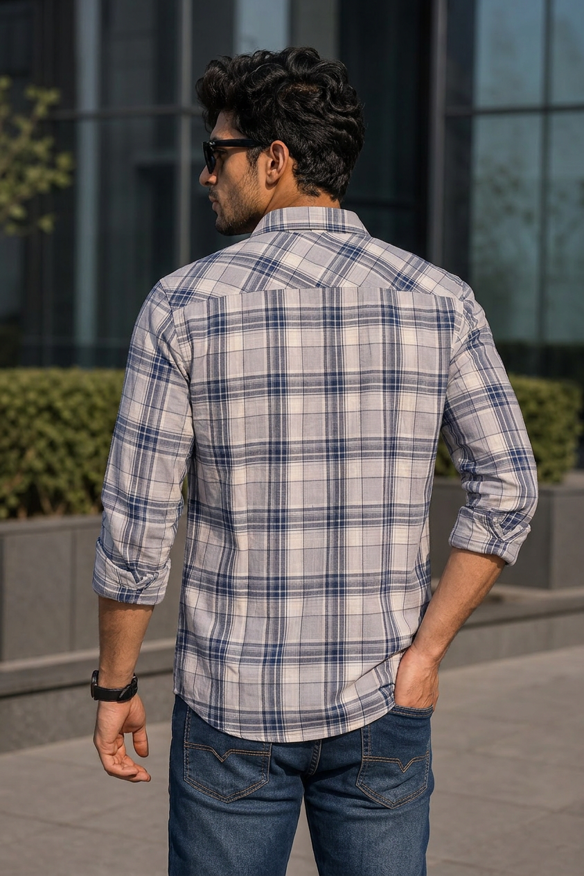 Men White Blue Checked Casual Shirt for Men – Stylish Full Sleeve