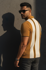 Men Casual Mustard Striped Quarter-Zip Knit Polo T-Shirt - Modern Retro 261040722