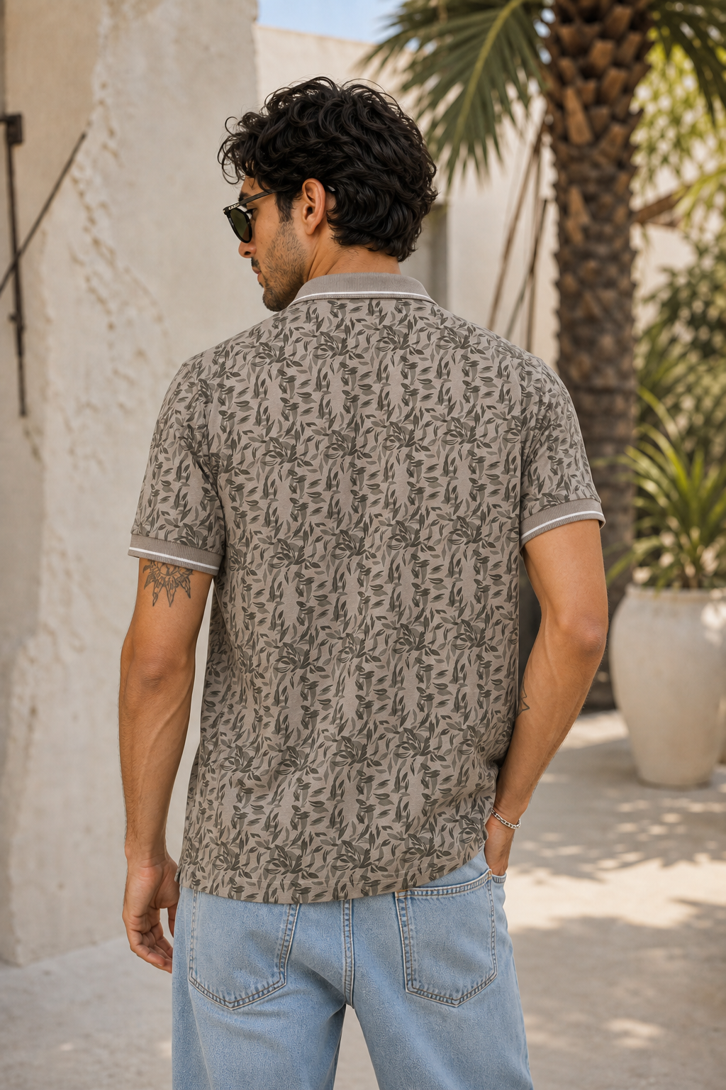 Men Grey Leaf Print Polo T-Shirt