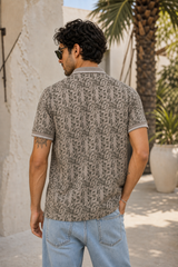 Men Grey Leaf Print Polo T-Shirt