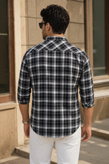 Black & White Plaid Casual Shirt for Men – Trendy Full Sleeve Shirt WON
