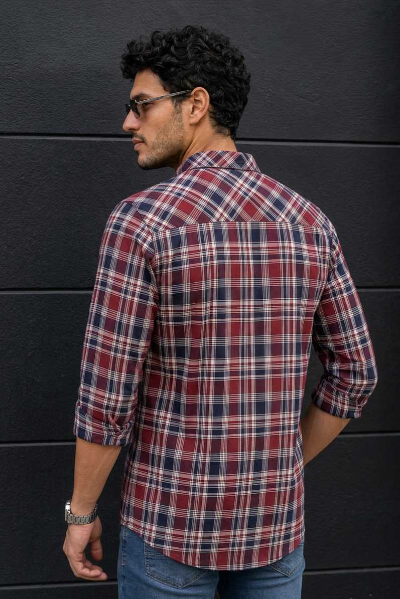 Men Classic Maroon Plaid Shirt | Navy Check Button-Up