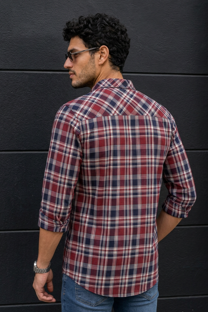 Men Classic Maroon Plaid Shirt | Navy Check Button-Up