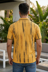 Men Printed Collared Polo T-Shirt in Earthy Yellow