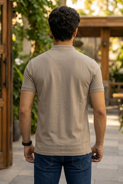Men Solid Beige Mandarin Collar Polo T-Shirt - Premium Sinker Slim Fit 13058