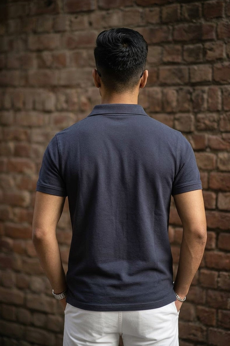 Men Dark Grey Cotton Polo T-Shirt with Pocket - Casual Short Sleeve Slim Fit 8622
