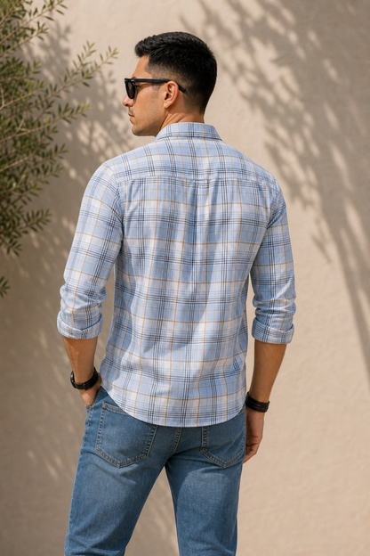 Men Grey Plaid Button-Down Shirt | Classic Long Sleeve Casual Shirt