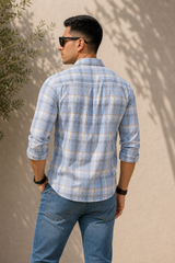 Men Grey Plaid Button-Down Shirt | Classic Long Sleeve Casual Shirt