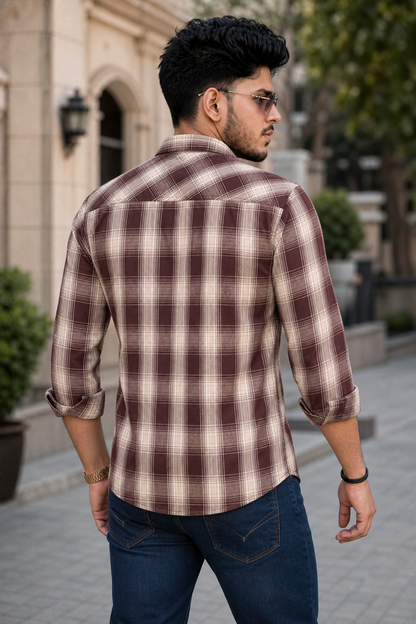 Men Coffee Checkered Shirt for Men | Classic Long Sleeve Plaid Shirt