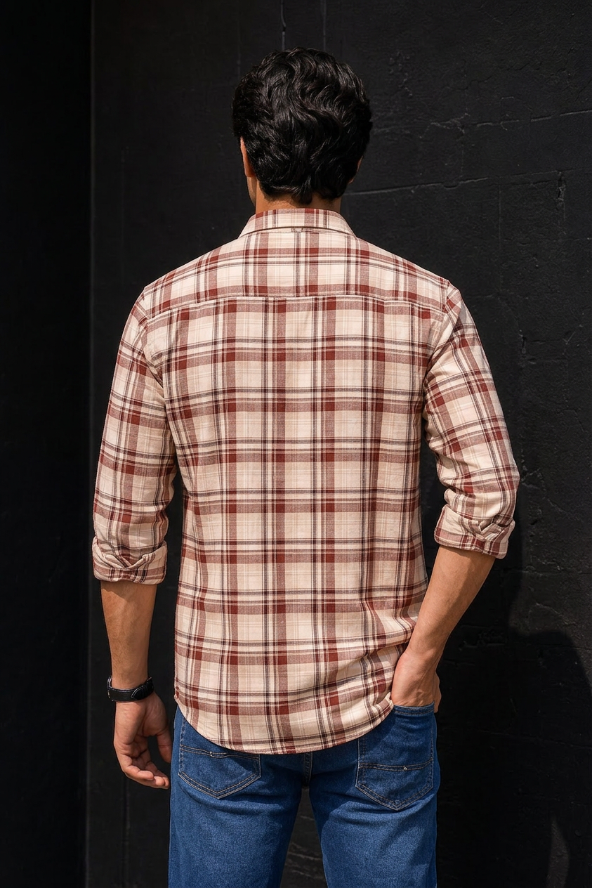 Men Brown and Cream Plaid Shirt – Full Sleeve Casual Check Shirt