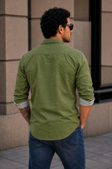 Men Olive Double Pocket Casual Shirt | Snap Button Denim Shirt