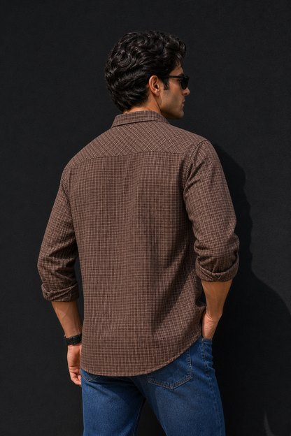 Men Brown Micro Checked Full Sleeve Casual Shirt