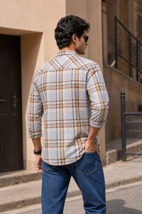 Men Premium Quality Light Blue & Fawn Checked Shirt 2004-R