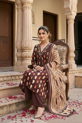 Women Floral Pure Cotton Kurta, Churidar & Dupatta Set-Maroon-261014108