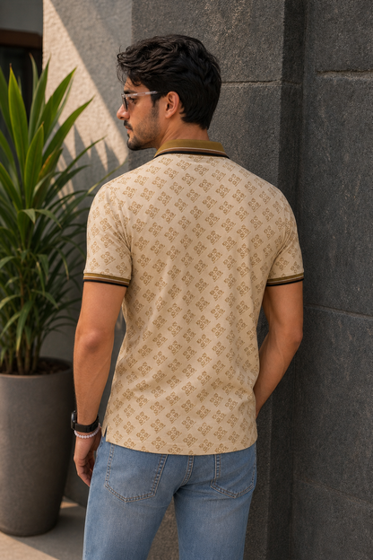 Men Cream Printed Polo T-Shirt – Half Sleeve Collar