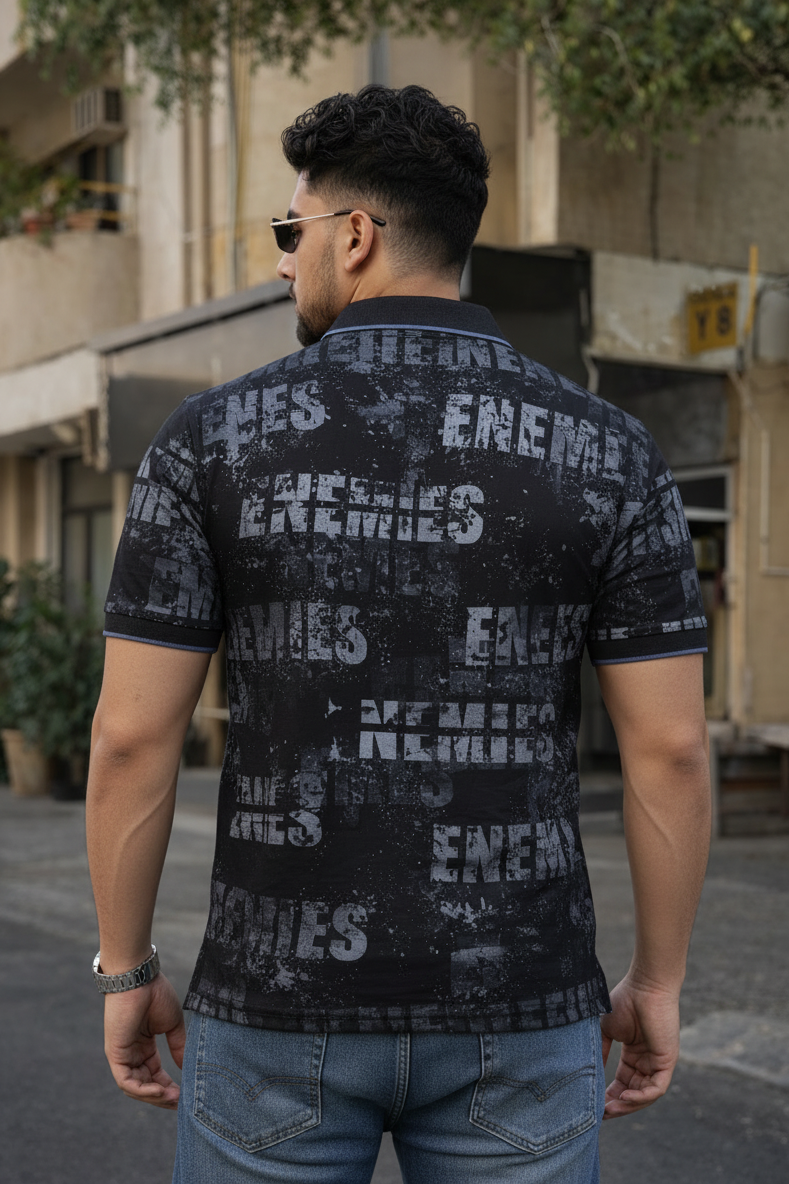 Men Typography Print Polo T-Shirt in Black ATL5996