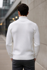 Premium Slim Fit White Ribbed High Neck Pullover 251205533